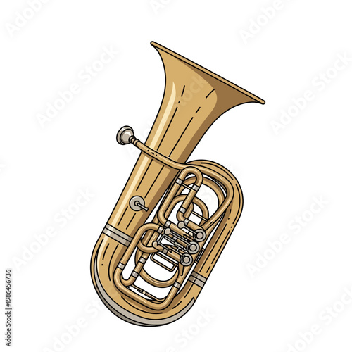 Vector illustration of a brass tuba musical instrument featuring a large bell, piston valves, and a mouthpiece, shown in a detailed comic line art style isolated on white background.