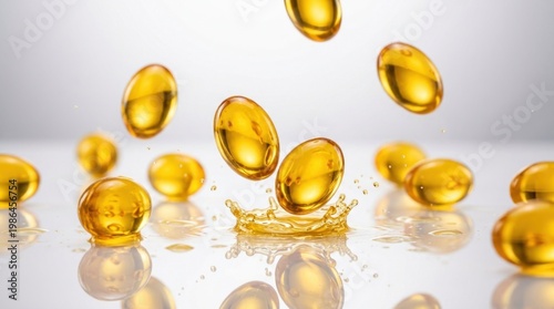 Omega 3 Fish Oil Capsules Falling and Splashing on White Surface, Golden Gelatin Softgels for Health Supplement, Vitamin E and Wellness Concepts, High Speed Photography with Copy Space