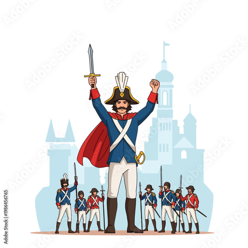 Vector illustration of a Napoleonic-era general celebrating victory with his soldiers in front of a European castle silhouette, featuring blue uniforms, red capes, and bicorne hats.