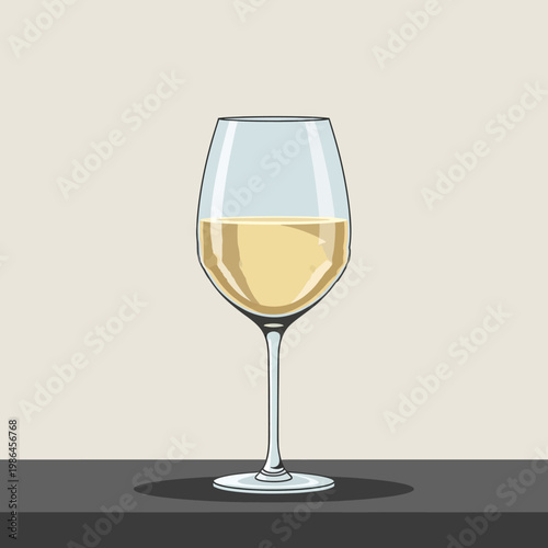 Minimalist graphic illustration of a single glass of white wine on a dark surface against a neutral background, featuring a stemmed glass filled with pale yellow Sauvignon Blanc.