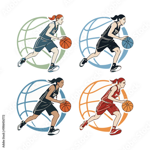 Four Basketball Players Dribbling with Globe Backgrounds vector illustration
