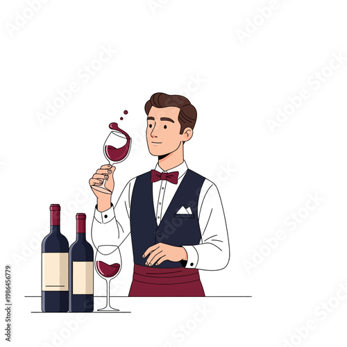 Flat vector illustration of a professional male sommelier in formal vest and bow tie tasting red wine from a glass, with bottles on a counter, isolated on a white background.