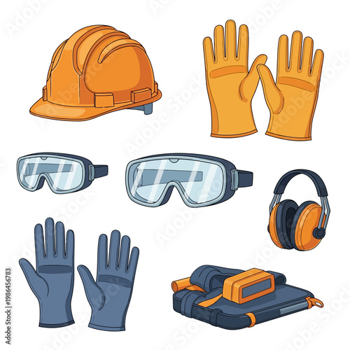 Vector illustration set of personal protective equipment featuring an orange hard hat, safety goggles, ear muffs for noise protection, blue and yellow work gloves, and safety harness.