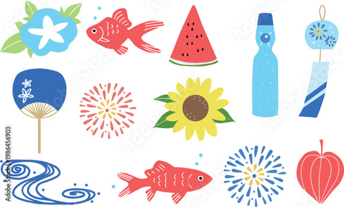 夏の涼し気な和風小物　フラットシンプルなイラスト素材集　スイカ　ヒマワリ、ラムネ、花火、金魚、風鈴など