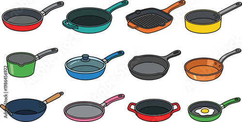 Cooking pans and frying pan set featuring kitchen cookware, skillet, saucepan, grill pan in colorful flat vector illustration style