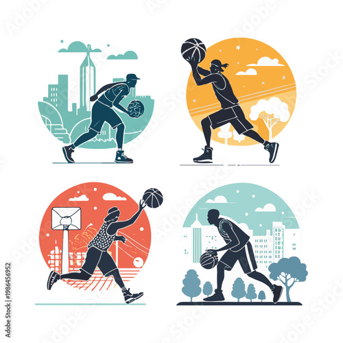 Stylized basketball players in urban and natural settings sport game