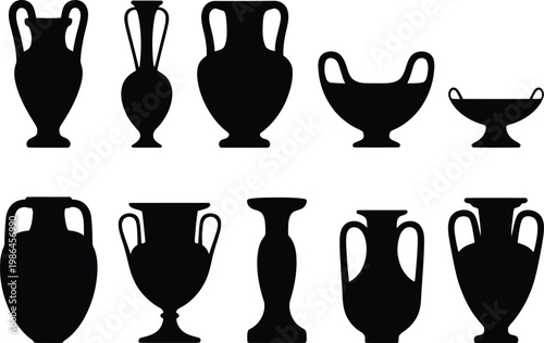 Ancient greek pottery silhouettes collection of various vase shapes amphora krater and hydria icons.