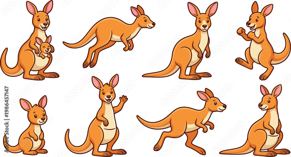Fototapeta premium Kangaroo cartoon set featuring cute marsupial animals, jumping and standing poses, wildlife characters in colorful flat vector illustration style