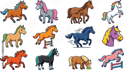Horse cartoon set featuring farm and fantasy horses, running, jumping, and grazing poses, colorful equine characters in flat vector illustration style