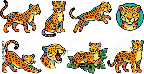 Leopard cartoon set featuring colorful spotted big cats, playful poses, jungle wildlife characters in decorative flat vector illustration style