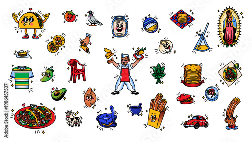 Mexican food doodle icons set, colorful hand drawn illustrations