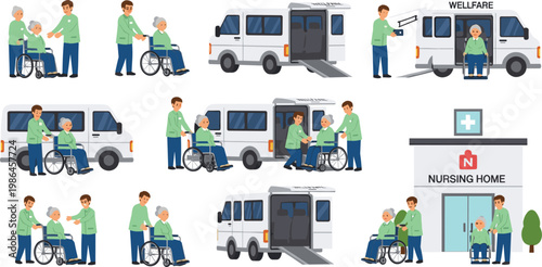 Elderly Care and Nursing Home Assistance Vector Set with Caregivers Helping Seniors in Wheelchairs and Accessible Medical Welfare Vans with Ramps