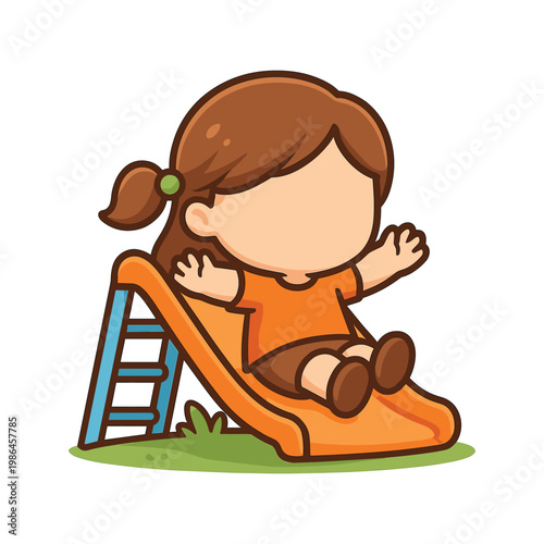 Child sliding down playground slide flat vector illustration