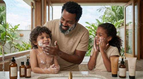 Pai com filhos em rotina de cuidados em casa