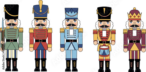 Classic Colorful Christmas Nutcracker Soldier Set in Festive Uniforms for Holiday Decoration, Xmas Card, Winter Season, and Traditional Celebration Designs