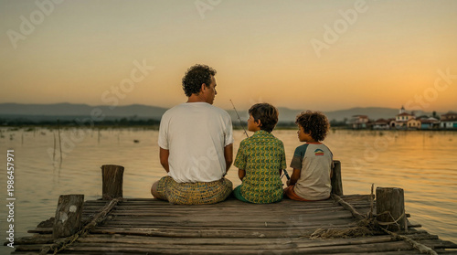 Pai sentado com filhos ao pôr do sol na lagoa