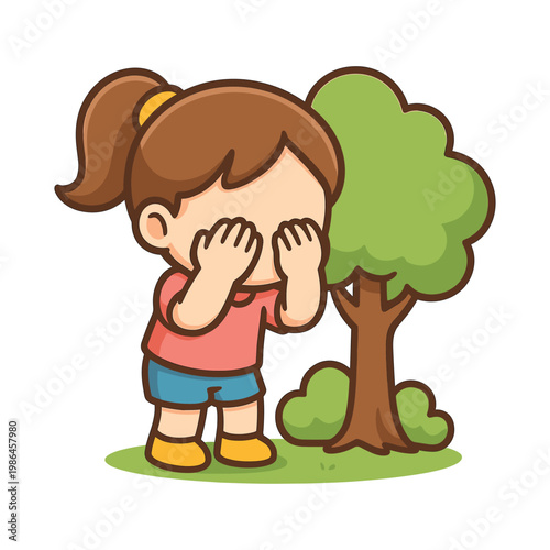 Girl Playing Hide And Seek Covering Eyes Near Tree