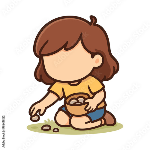 Child collecting rocks kneeling on grass flat vector illustration