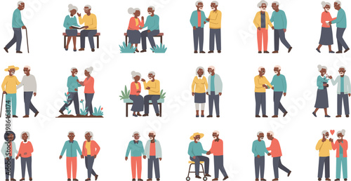 Elderly Care and Senior Support Vector Set Featuring African American Seniors Walking with Canes Sitting on Benches and Caregivers Assisting Elderly People