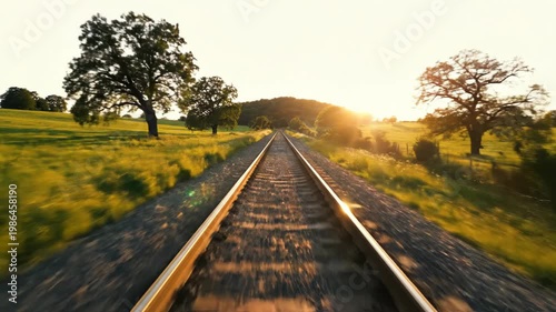 Point of view perspective of railway tracks stretching through a rural countryside landscape during sunset with motion blur effect, sun flare over green fields and trees.