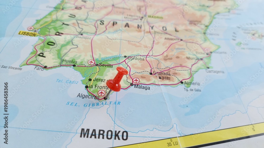 Naklejka premium View of Algeciras, Municipality and city in the province of Cadiz, Spain, on a geographical map of Europa, marked with red push pin