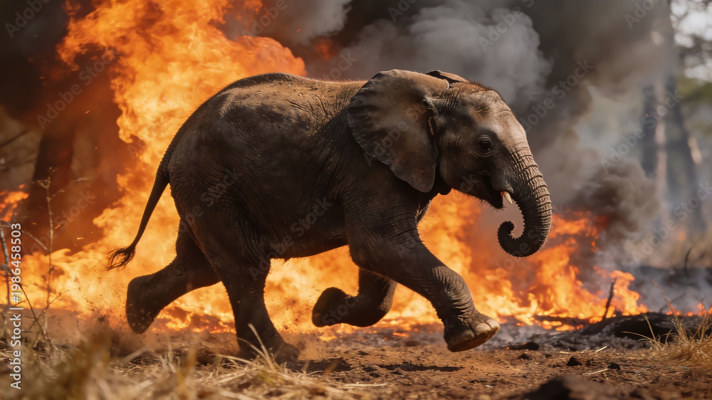 Fototapeta premium A baby elephant running away from intense forest fire and smoke. Dramatic scene of wildlife escaping wildfire.