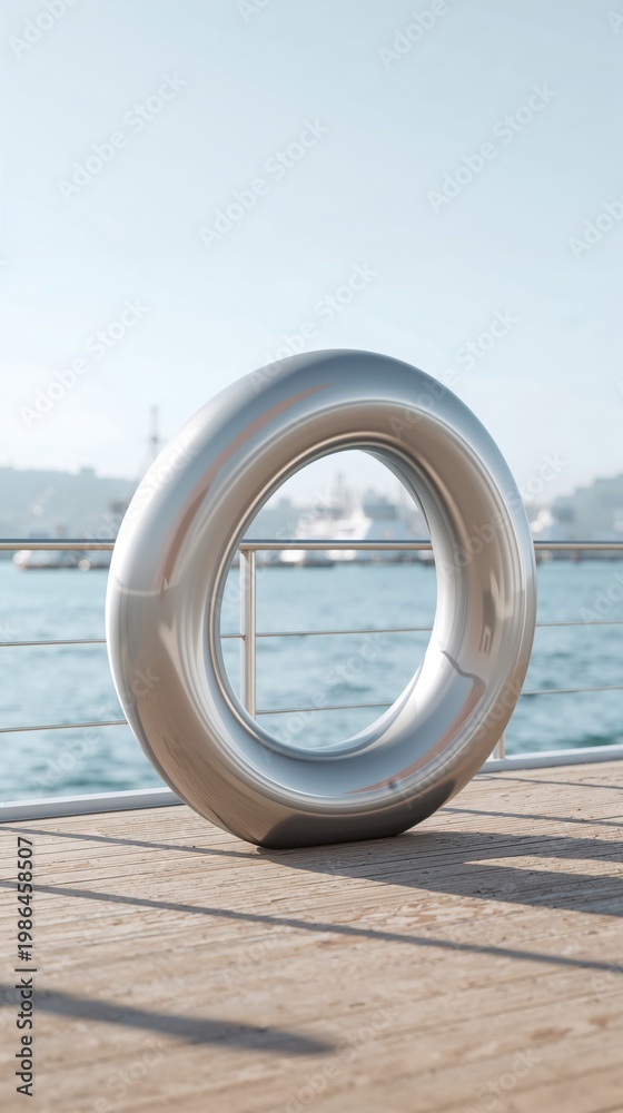 Fototapeta premium Metallic torus shape on wooden pier by the water during a sunny day