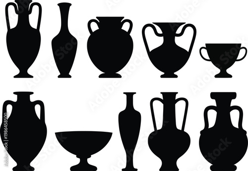 Historical greek ceramic jars silhouettes set including lekythos oinochoe and kylix drinking vessels.