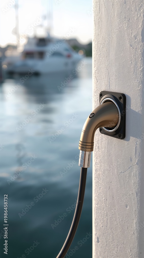 Fototapeta premium Charging station for boats on a pier near the water at sunset