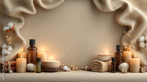 A serene setup featuring candles, essential oils, and soft fabrics for a calming atmosphere.