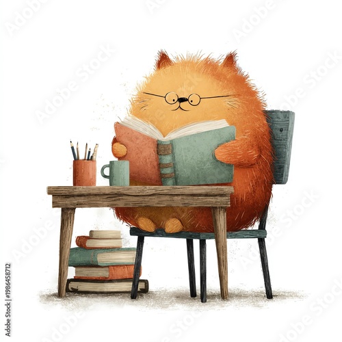 A cute, fluffy cat reading a book at a cozy desk, surrounded by stationery and coffee, perfect for cat lovers.