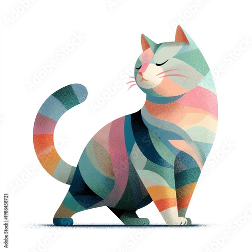 A colorful, artistic illustration of a cat showcasing a unique design and vibrant patterns.