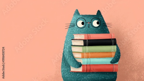 A cute blue cat character wearing glasses, holding a stack of colorful books against a pink background.