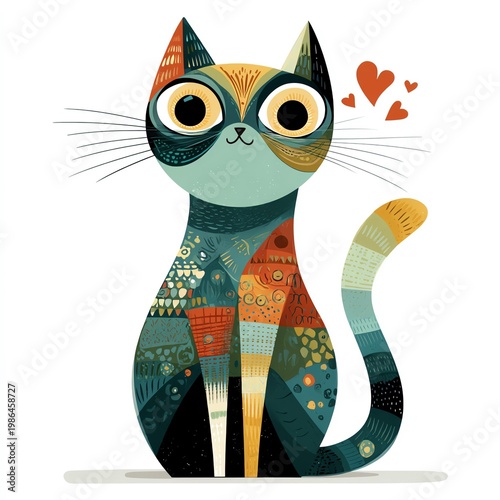 A colorful and whimsical illustration of a charming cat with big eyes and a playful expression.