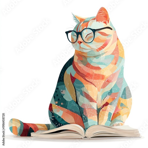 A colorful artistic depiction of a cat with glasses sitting on an open book, perfect for book lovers and cat enthusiasts.