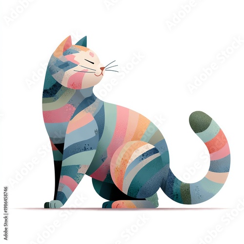 A colorful, abstract cat illustration showcasing vibrant patterns and playful design.