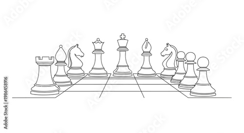 Minimalist Chess Game Setup, Strategic Board Game Pieces Outline