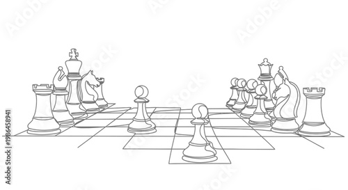 Chessboard strategy, black and white pawns facing each other, strategic game, abstract line art.