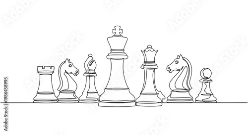 Chess Pieces Line Art Drawing - King, Queen, Knight, Rook, Bishop, Pawn