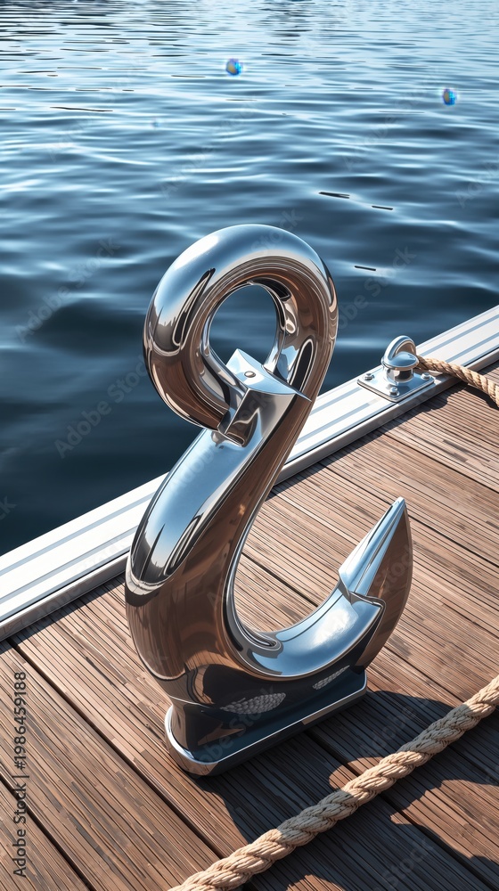 Fototapeta premium Shiny chrome hook on a wooden dock with blue water