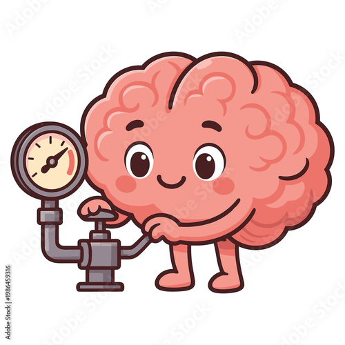 Cute brain character turning valve on pressure gauge