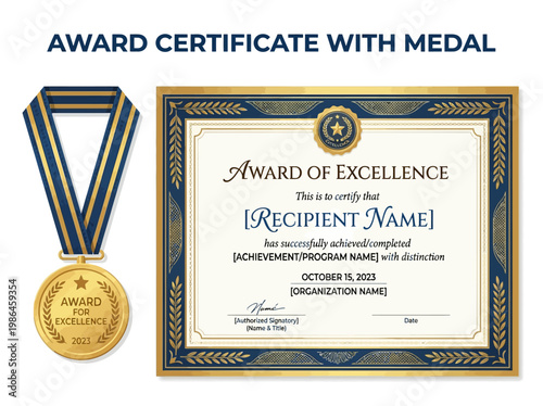 Award Certificate of Excellence with Gold Medal for Achievement and Recognition