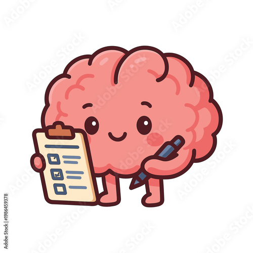 Cartoon brain holding checklist and pen