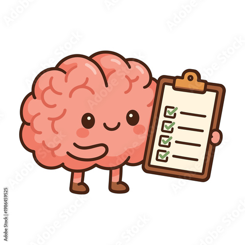Cute cartoon brain holding checklist clipboard