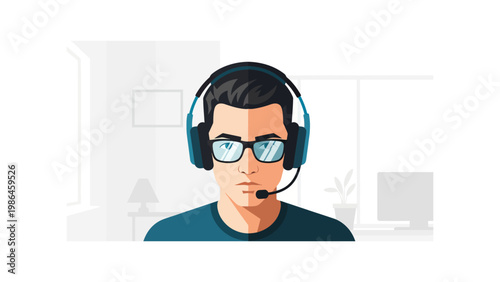 Man wearing headset and glasses.