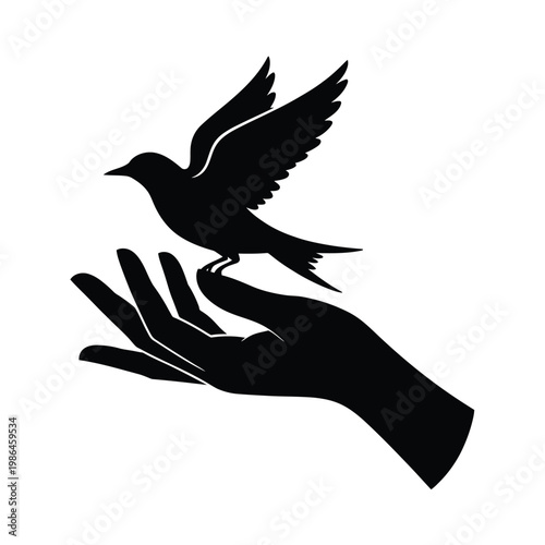 A black silhouette of a bird taking flight from an open hand