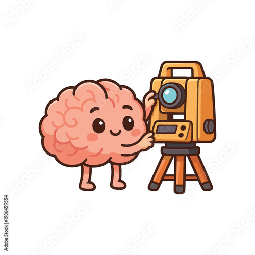 Cartoon brain operating surveying theodolite instrument