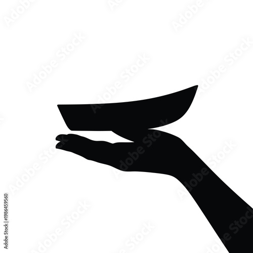 A silhouetted hand offering an empty curved bowl or dish