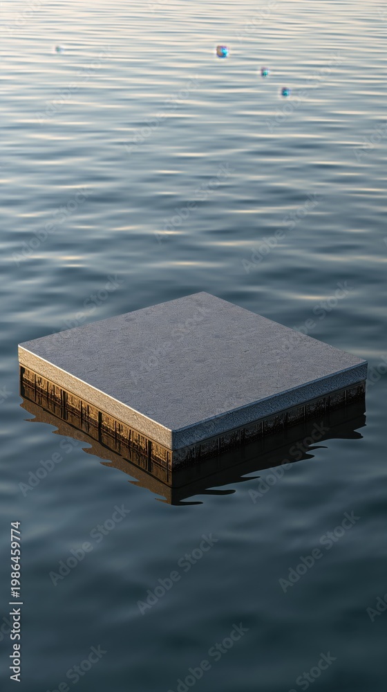 Fototapeta premium Square platform floating on calm water at sunset reflects