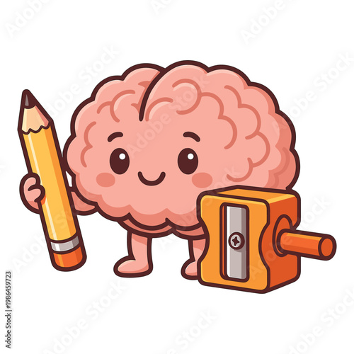 Cartoon brain holding pencil and sharpener